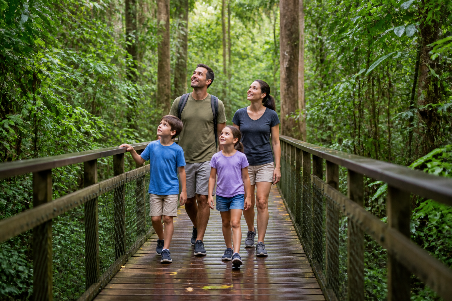 Family exploring a rainforest boardwalk