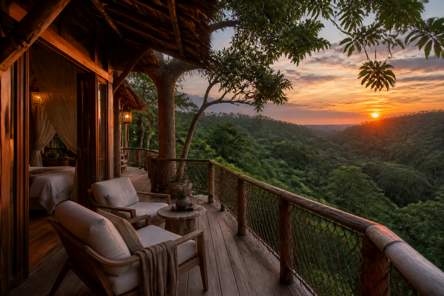 Treehouse resort suite at sunset