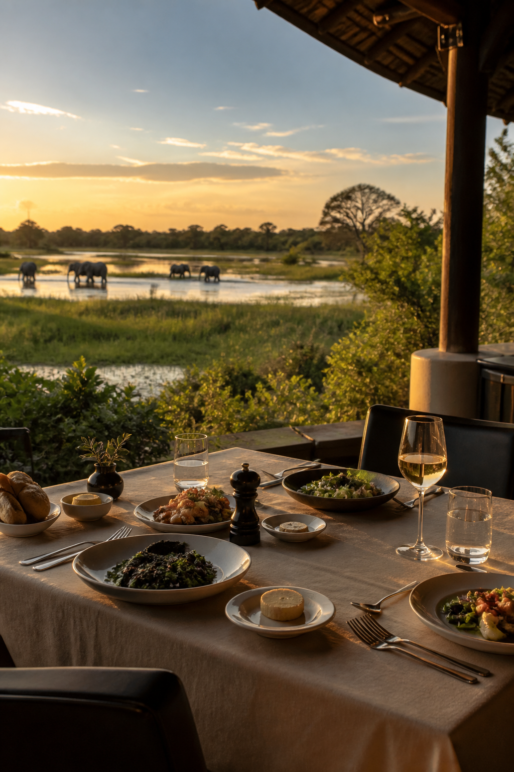 Open-air dining overlooking wetlands