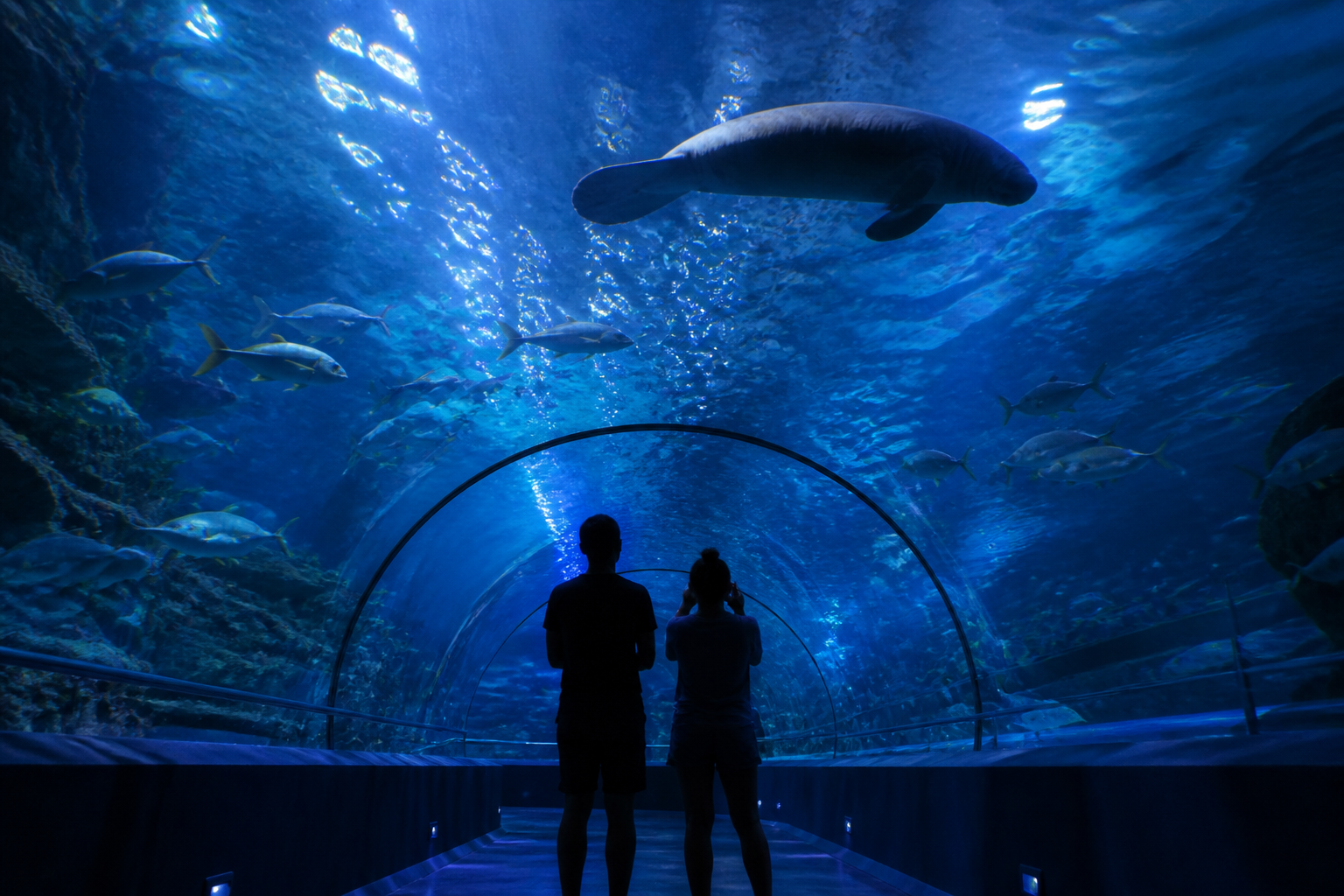 Visitors at River Wonders aquarium tunnel