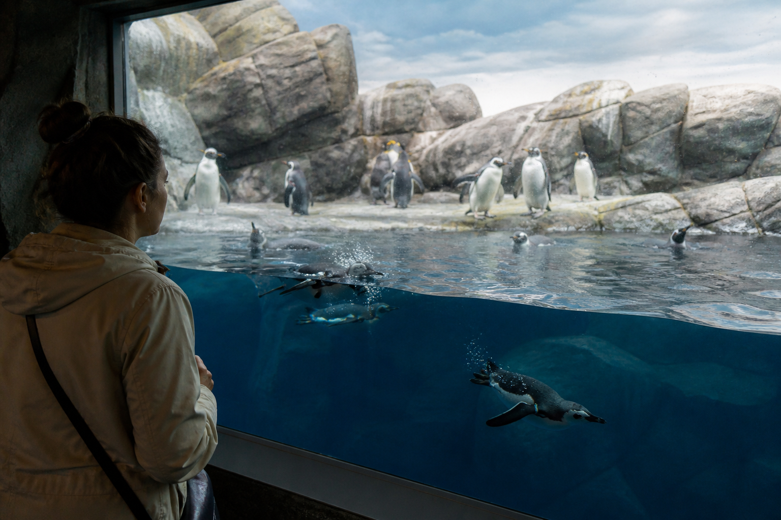 Visitor viewing penguins